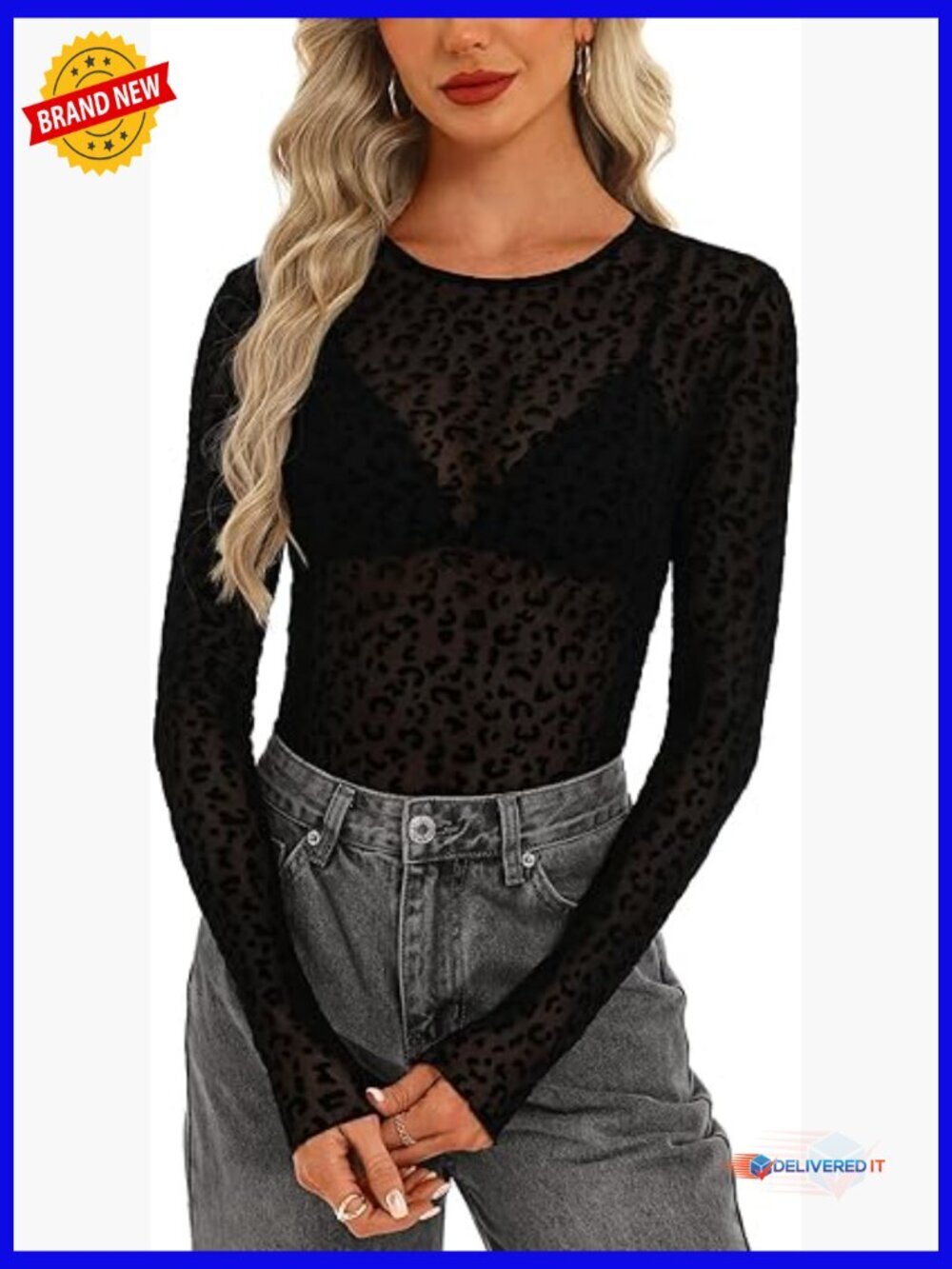 Sheer Mesh Long Sleeve Top Crew Neck See Through Lace Blouse